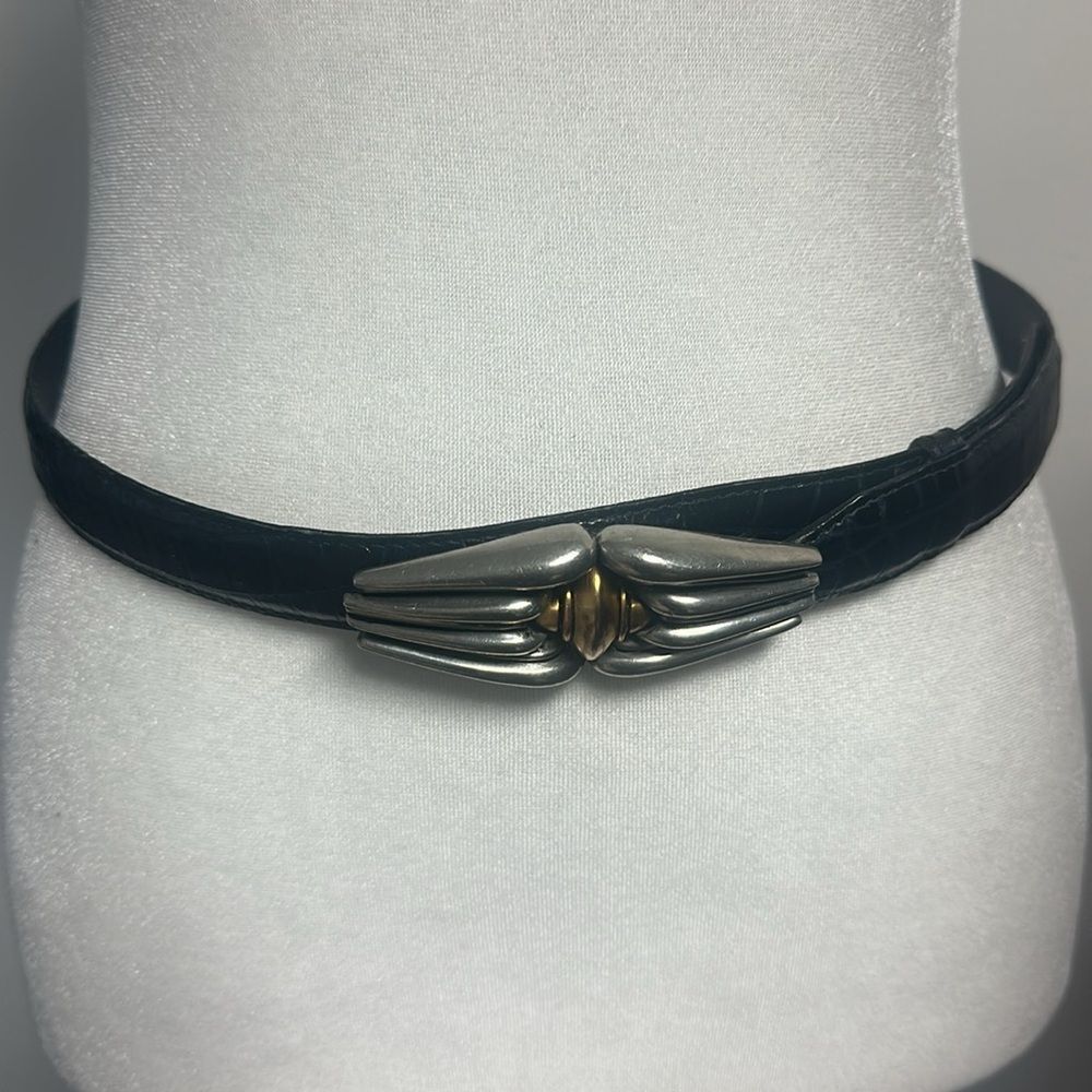 CARLISLE Vintage Leather Black Croc Embossed Belt Silver and Gold Buckle Sz M
